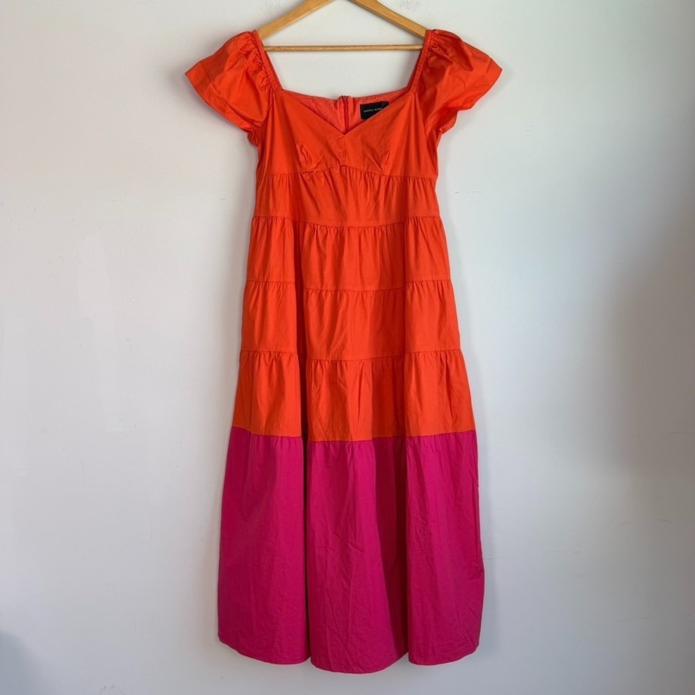 Donna Morgan Tiered Maxi Dress Size 6 Travel Cotton Colorblock Pink Orange